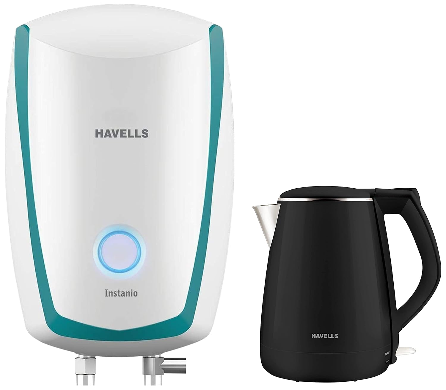 Havells Instanio 3-Litre Instant Geyser (White/Blue) & Aqua Plus 1.2 litre Double Wall Kettle / 304 Stainless Steel Inner Body/Cool touch outer body/Wider mouth